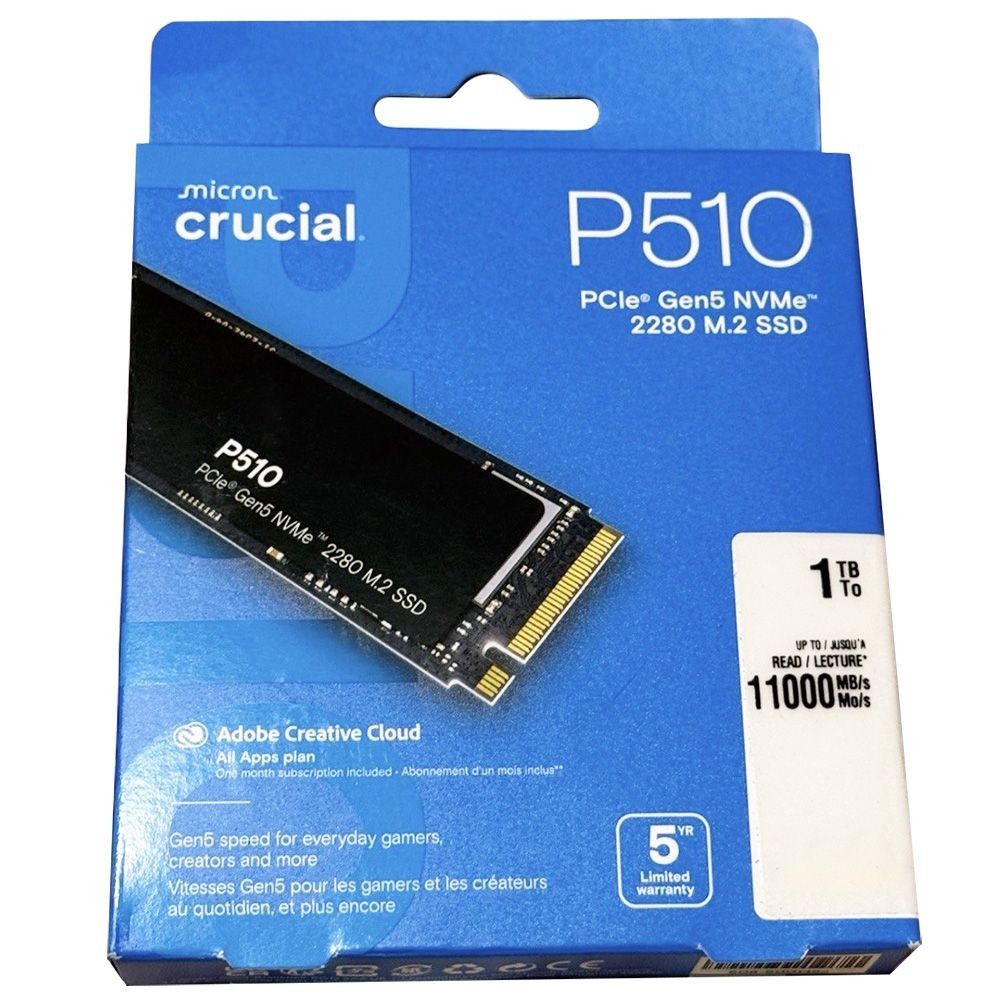 Crucial 1TB P510 PCIe Gen5 NVMe M.2 2280 SSD (R:11000MB/s), CT1000P510SSD8
