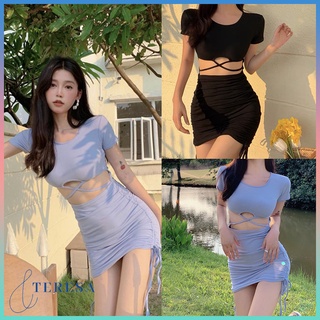 พร้อมส่ง เดรสแขนสั้นเว้าเอวดีไซต์เก๋ ชุดเดรสคอกลม รัดรูป ดีเทลจับจีบ มีสีให้เลือก 3 สี น้ำเงิน,ดำ, ชมพู