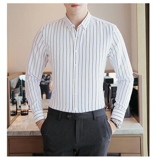 เสื้อเชิ้ตผู้ชายแขนยาว (สีขาวลายทาง) เนื้อผ้าฝ้าย เนื้อนุ่ม ใส่สบาย ราคาถูก
