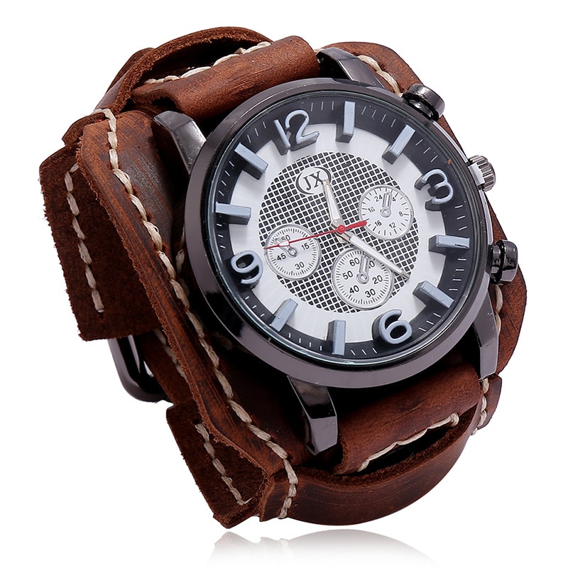 2020 ใหม่ Retro Mens Cuff นาฬิกากว้างสายหนัง Chronograph กีฬาแฟชั่น Punk สไตล์นาฬิกาควอตซ์สําหรับ Man ห้าสี