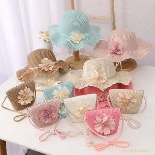 LAA6-Children Sun Hat Bag Set,Summer Wide Brim Flower Sun Protection Straw Hat Beach Hat and Straw Shoulder Bag Suit