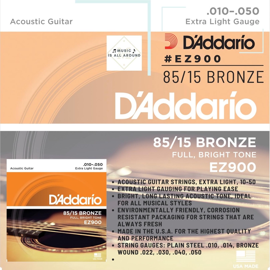สายกีตาร์โปร่ง D'ADDARIO 85/15 BRONZE EXTRA LIGHT, 10-50 รุ่น EZ900 (Made in USA)