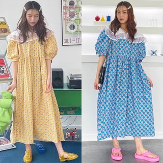 Maxidress เดรสคอบัวลายแต่งระบายลูกไม้ ลายดอกไม้ แขนตุ๊กตา เดรสกระโปรง เดรสแขนตุ๊กตา เดรสคอกลม งานป้าย