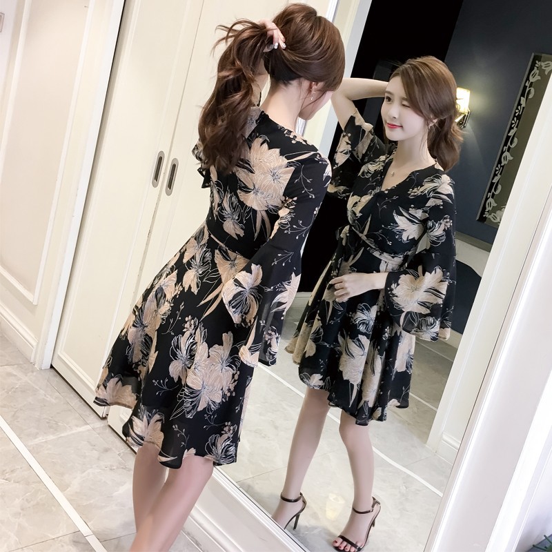 ราคา ชุดเดรสสั้นผ้าชีฟองลายพิมพ์ดอกไม้แขนระบายสําหรับสตรี
