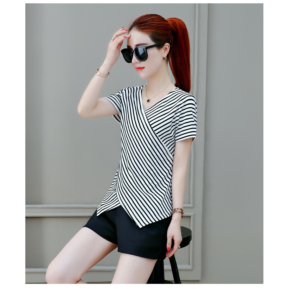 ซื้อ1แถม1！！！เสื้อยืดลายทาง คอวี แขนสั้น Fashion เกาหลี รูปที่ 7