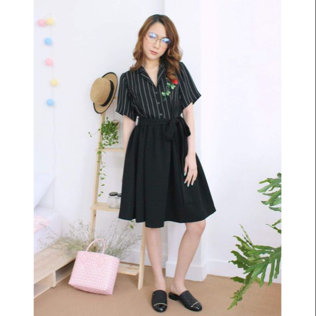 ชุดเดรสคอปกเชิ้ตลายทาง QAP