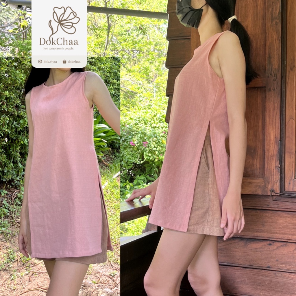 เสื้อผ่าข้าง เดรสผ่าข้าง ผ้าฝ้ายสาลูริ้ว เบาบาง เนื้อนุ่ม ใส่สบาย ใส่กับขาสั้นหรือขายาวก็สวย สไตล์มินิมอล [พร้อมส่ง] ✿