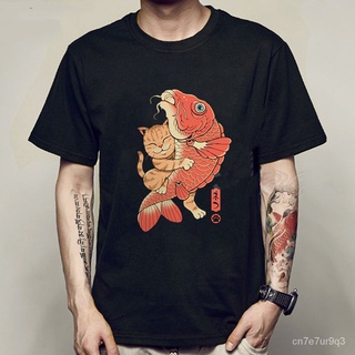 ผ้าฝ้ายคอกลมเสื้อยืด Neko Ramen Ukiyo-E Japanese manga print summer Short sleeve T-shirt men&amp;39;s and women&amp;39;s Cat pri