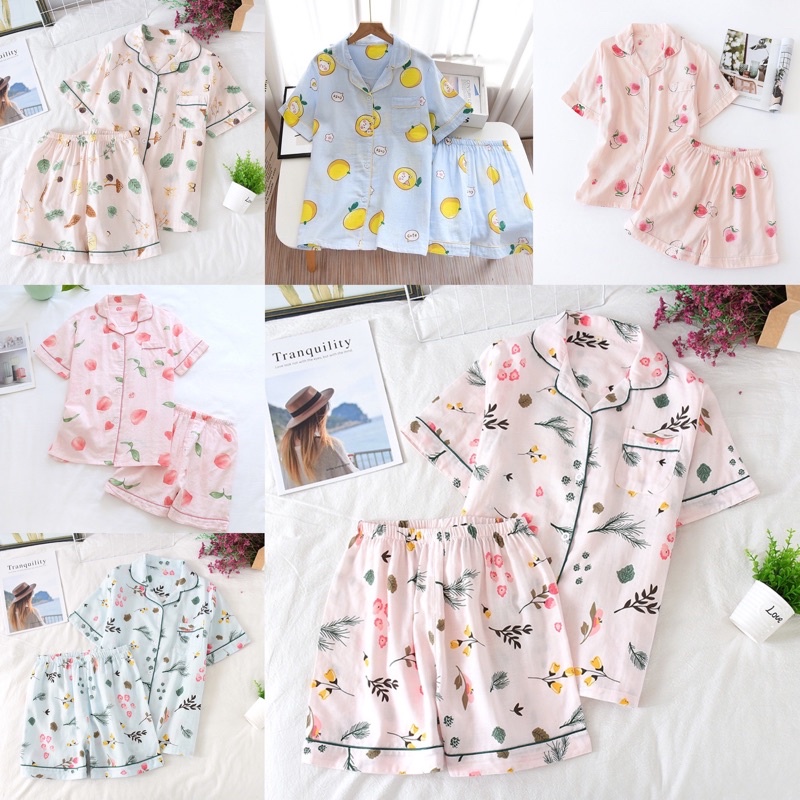 ชุดนอนผ้าฝ้ายมัสลิน เสื้อแขนสั้นกางเกงขาสั้น พร้อมส่ง