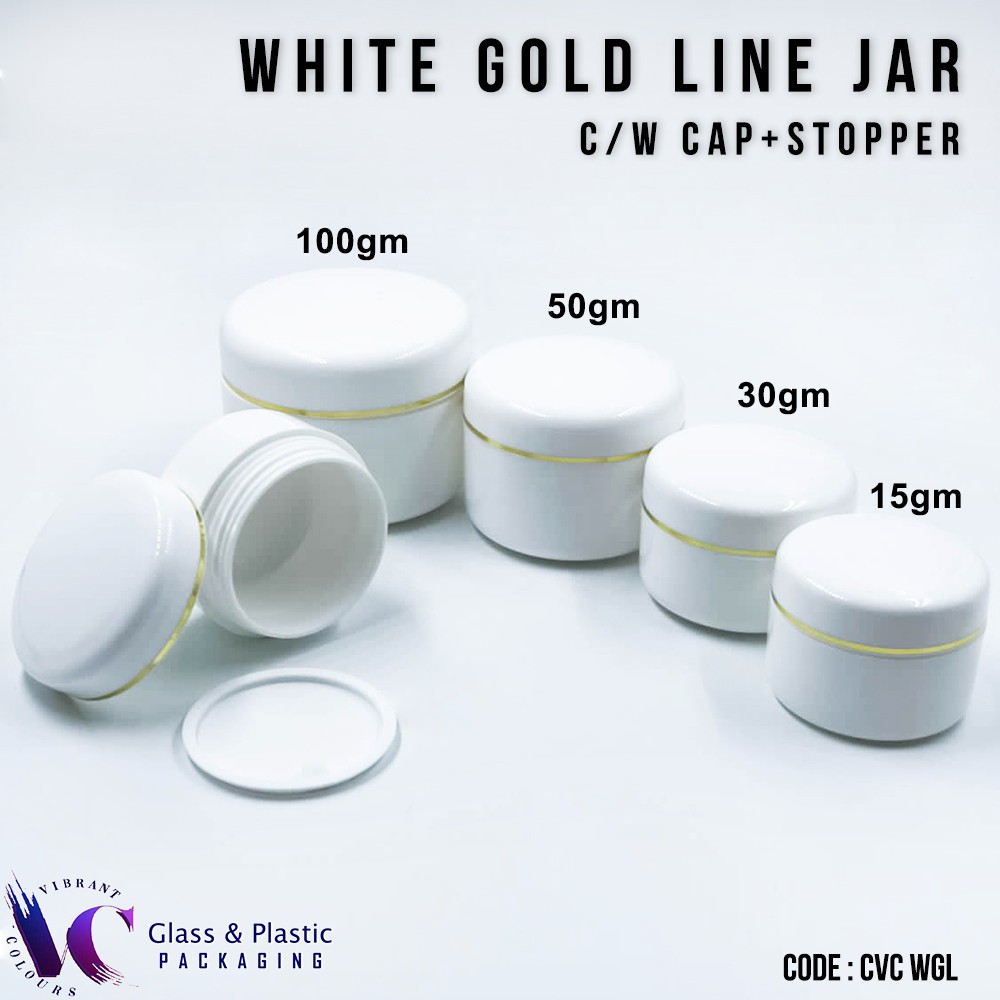 JAR พลาสติก 10GM/15GM/30GM/50GM/100GM สีขาวทองเส้นพร้อมหมวกและ STOPPER POST TODAY !