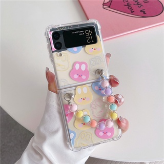 เคสโทรศัพท์มือถือ แบบใส กันกระแทก ลายกระต่ายสายรุ้งน่ารัก พร้อมสายโซ่คล้อง สําหรับ Samsung Galaxy Z Flip 3 5G Z Flip3 Zflip3 Z Flip3