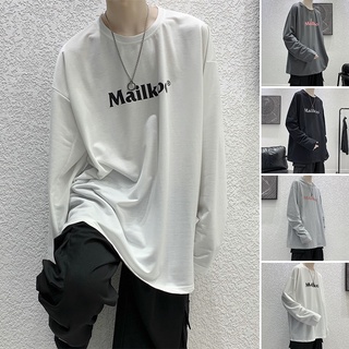 【M-5Xl】เสื้อยืดแขนยาวพิมพ์ลายตัวอักษรทรงหลวมสวมใส่สบายสไตล์เกาหลีสําหรับผู้ชาย