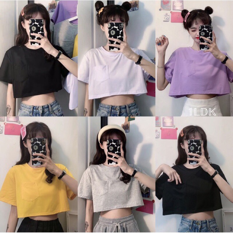 1Ldk พร้อมส่ง เสื้อแฟชั่น เสื้อครอป เสื้อแฟชั่น คอกลมแขนสั้นโชว์เอว สีพื้น(376)