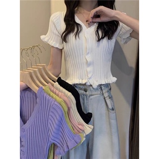 Nipa.closet พร้อมส่ง เสื้อไหมพรมแขนสั้น คอวี ผ้่าหน้านุ่มสีสวยสดใส