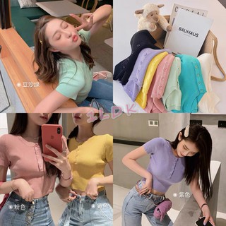 1LDK 🌈 พร้อมส่ง🌈 เสื้อยืดแขนสั้น อต่งกระดุมหน้า แกะได้ ไหมพรมถัก (8546)