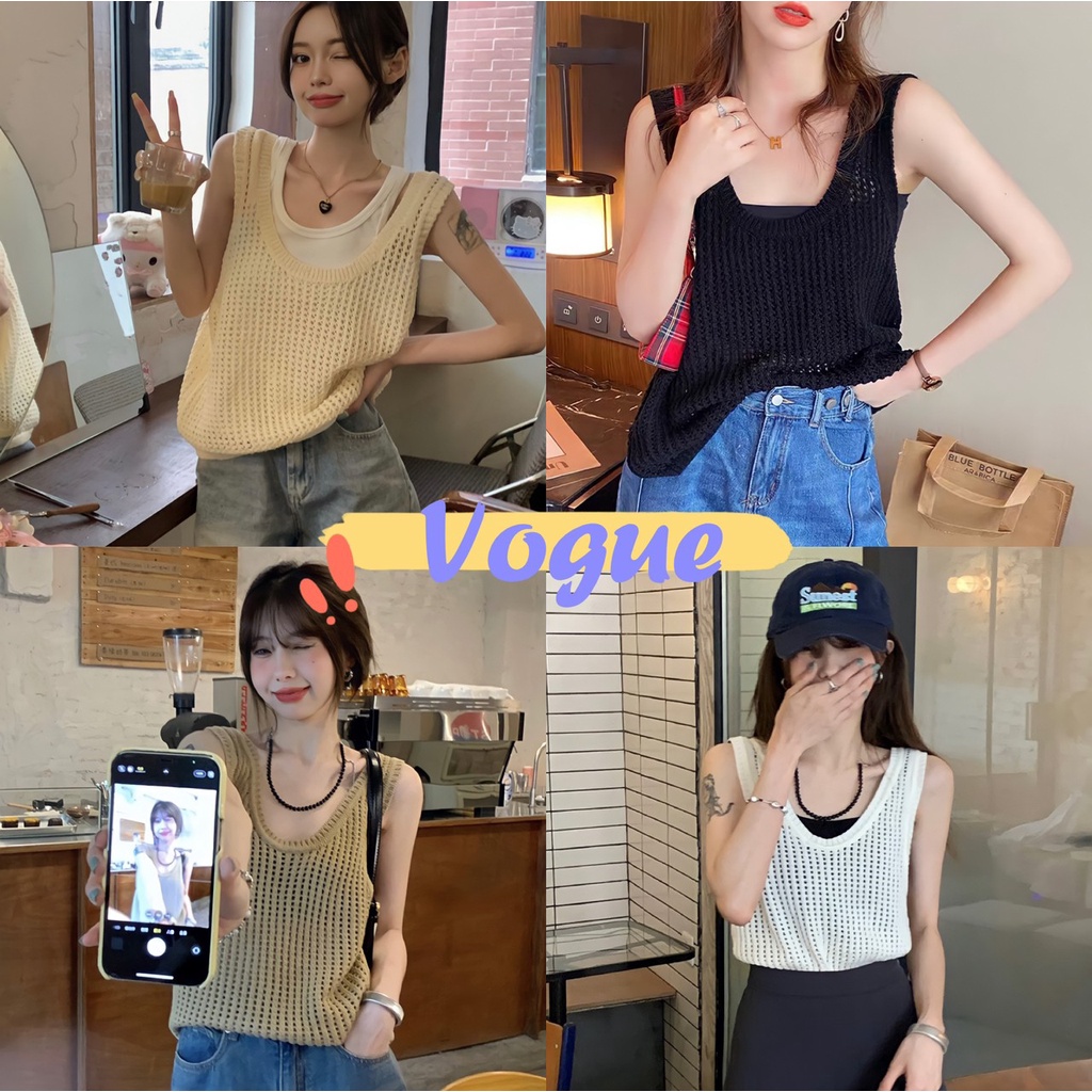 Vogueพร้อมส่ง เสื้อกล้ามไหมพรม ดีเทลถักลายตาข่าย ซีทรูเบาๆ (30CX03)​ -N