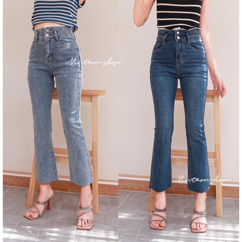 🇰🇷ขาม้าเต่อ เอวขอบลูกไม้ 2กระดุม ผ้ายืด เอวสูง 🏷G.D.Jeans 1555