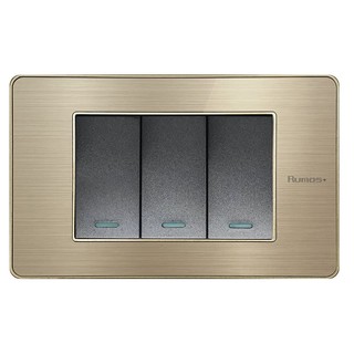 RUMOS PLUS Gold Frame 3 Gang 1 Way รูมอสพลัส สวิตช์ 3G(ปุ่มเล็ก) ทางเดียว พร้อมกรอบสีทอง