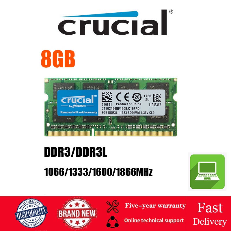[COD] Crucial 8GB 16GB 2RX8 PC3L-8500 10600 12800 14900 DDR3 DDR3L 1.35V 1066MHz 1333MHz 1600MHz 1866MHz 204pin SO-DIMM RAM Laptop Memory