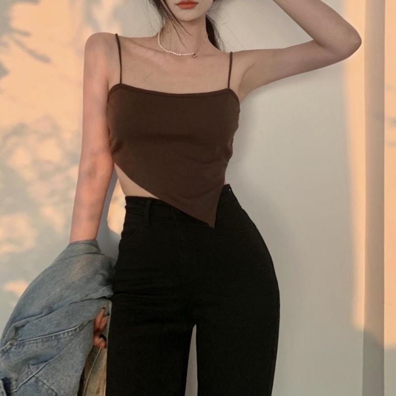 SGH0078 เสื้อครอปสายเดี่ยวผ้านิ่มผ้ายืด ดีเทลชายไม่เท่ากัน เซ็กซี่เล็กๆ