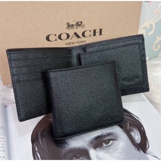 พร้อมส่ง กระเป๋าสตางค์ชาย Coach F59112 Compact Id Wallet In Crossgrain Leather รุ่นหนามีไส้  สี BLACK