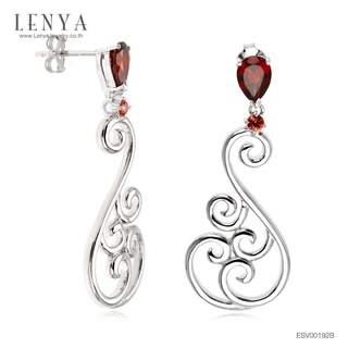 Lenya Jewelry ต่างหูเงินแท้ ดีไซน์สุดเก๋ด้วยลวดลายอ่อนช้อย ประดับพลอยสีแดง โกเมน(Garnet) และเเซฟไฟร์สีส้ม ชุบทองขาว