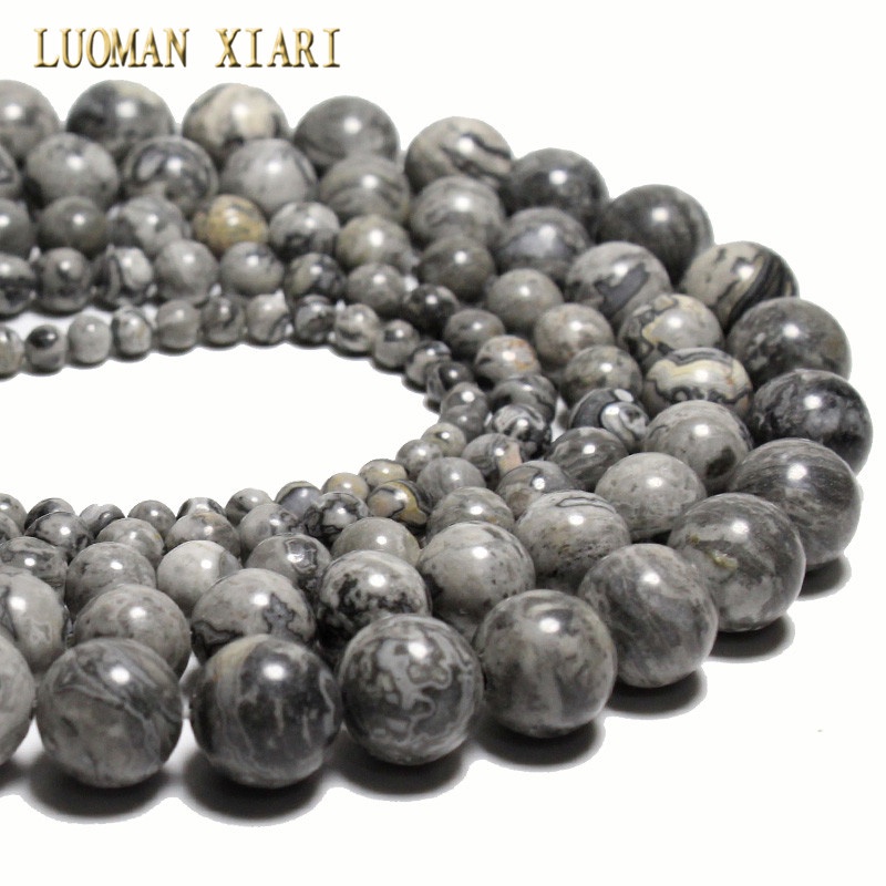 LUOMAN XIARI Spot Factory 100% ธรรมชาติสีเทาแผนที่ Jasper หลวมรอบหินลูกปัดสําหรับเครื่องประดับทํา DIY สร้อยคอสร้อยข้อมือ 4/6/8/10 มม. 1 เส้นประมาณ 36-38