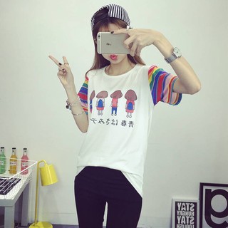 เสื้อแฟชั่น คอกลม แขนสั้นสายรุ้ง ลาย friend สีขาว 9330 ขาว