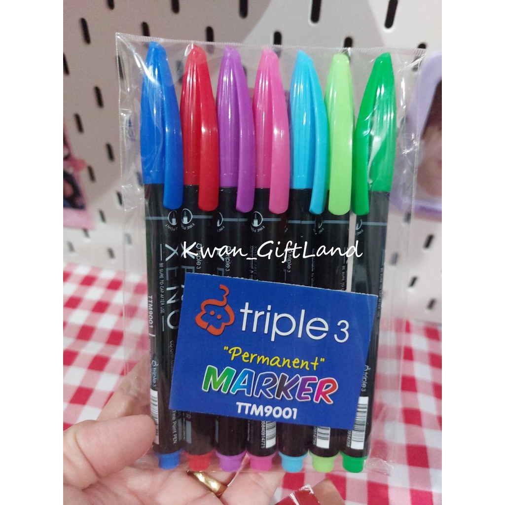 ปากกา ชุด 7 สี ขนาดหัว 0.5 mm  ปากกามาร์คเกอร์ ปากกาเขียนซีดี แก้ว พลาสติก โลหะ ยาง เนื้อไม้ แบนด์ Triple3