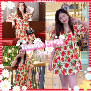 🍅 Tomato Dress 🍅 พร้อมส่ง เดรสคอเเหลี่ยม ลายมะเขือเทศ โทนสีขาว แดง น่ารักๆ ทรงใหญ่oversize เดรสคอเหลี่ยม งานป้าย