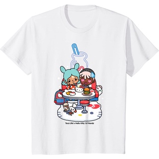 เสื้อยืดผ้าฝ้ายพรีเมี่ยม เสื้อยืด พิมพ์ลาย Toca Life x Hello Kitty &amp; Friends DINER