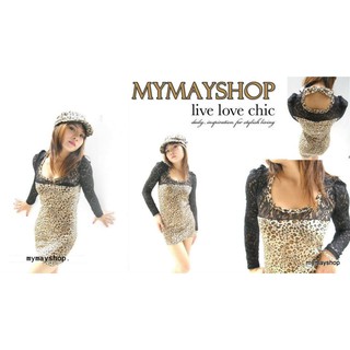 Sexy leopard &amp; lace dress   เดรสผ้ายืด ลายเสือตัดต่อลูกไม้ช่วงไหล่สีดำสวยๆ