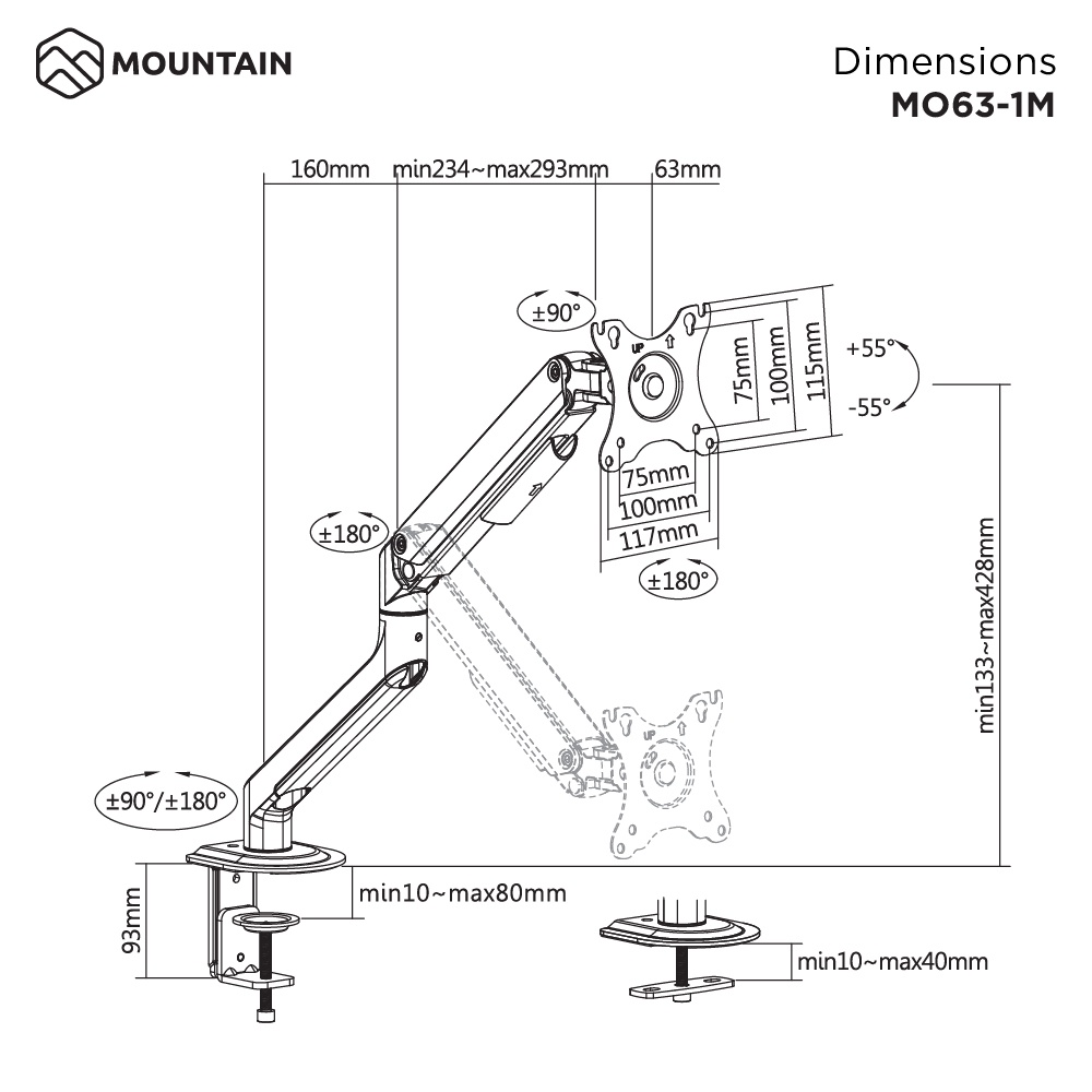 Mountain ขาตั้งจอคอม 1 จอ, 2 จอ แบบสปริง รุ่น MO-63WH-1M / MO-63WH-2M Spring Assisted Monitor Arm