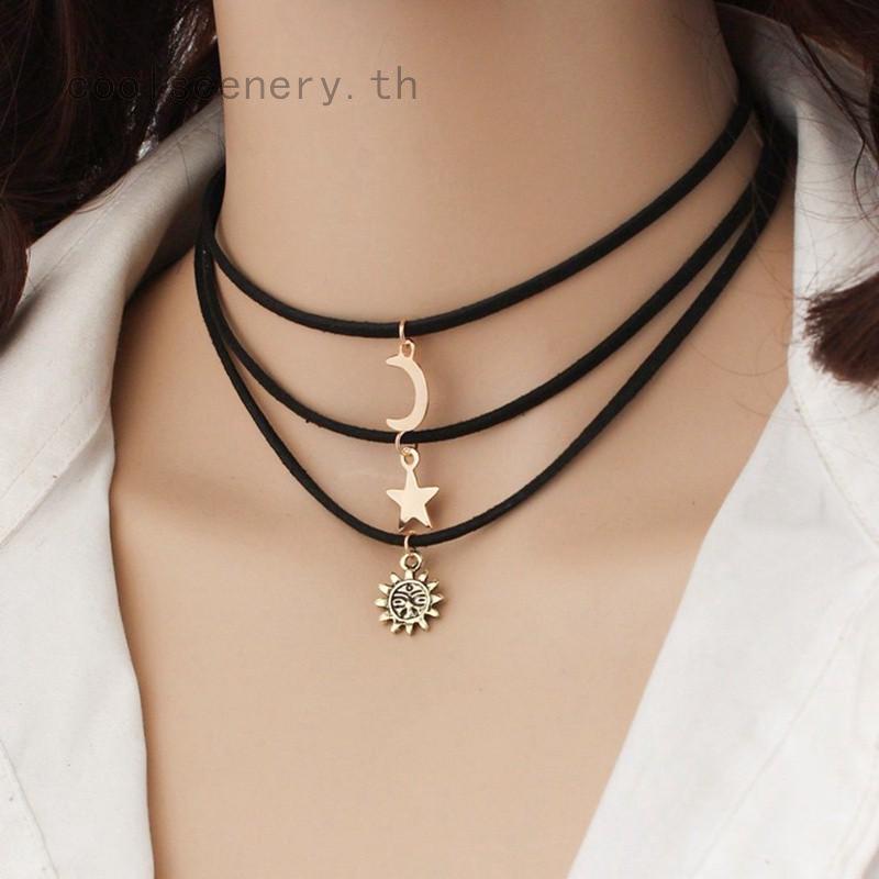 Ladies Fashion Wild Multi-layer Suede Stars Moon Sun Pattern Necklace