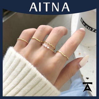 Aitna แหวนนิ้วมือ ประดับมุก ทรงเรขาคณิต วางซ้อนกันได้ 5 ชิ้น ต่อชุด