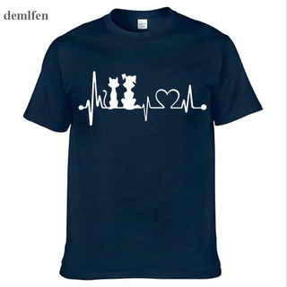 T-shirt  ใหม่ เสื้อยืดคอกลม แขนสั้น ผ้าฝ้าย 100% พิมพ์ลาย Dog &amp; CAT HEARTBEAT แฟชั่นฤดูร้อน สําหรับผู้ชายS-5XL