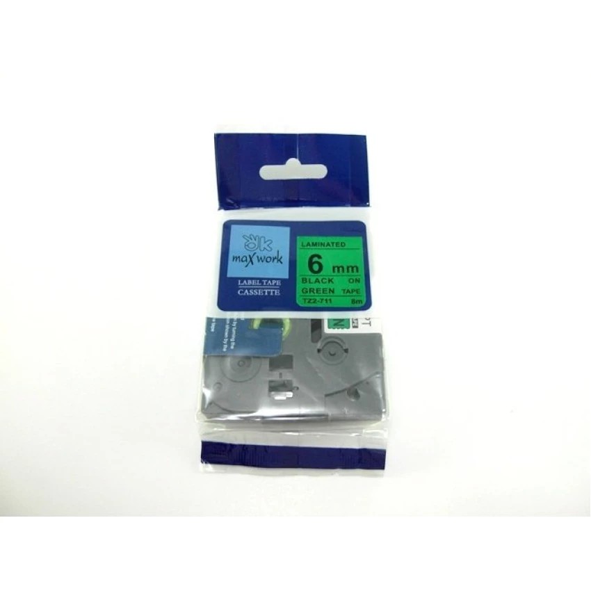 เทปพิมพ์อักษร OK MAXWORK 6 mm TZE Brother TZE-711(TZ2-711) พื้นสีเขียว ตัวอักษรสีดำ
