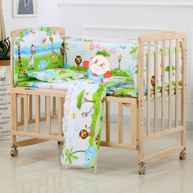 เตียงไม้เด็ก 2ชั้น พร้อมชุดที่นอน ปรับได้3ระดับ เตียงนอนไม้ ที่นอนเด็ก(สีไม้)
