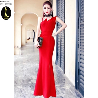 Maxi Dress ออกงานหรูไหล่เดียว ทรงกระโปรงหางปลาผ่าข้างสูง (แดง)