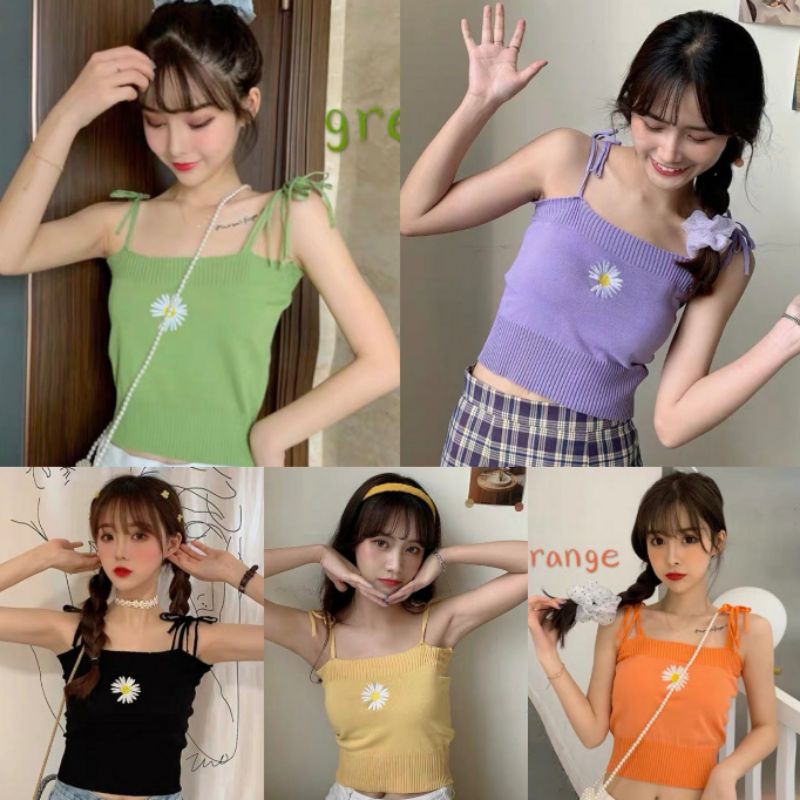 🌈SpinnyHouse🌈 เสื้อสายเดี่ยวปักดอกเดซี่ สายผูกไหล่ งานนำเข้าKOREA เนื้อผ้าไหมพรมพร้อมส่งจ้า เดซี่ D3