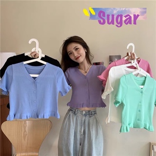 Sugar 🌈พร้อมส่ง🌈เสื้อครอปกระดุมหน้าเปิดได้เสื้อแขนสั้นแขนระบายน่ารัก(7111)