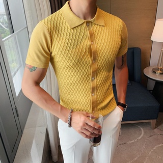 Summer light luxury business casual slim knit short-sleeved polo shirt male Britishtrend brand slim lapel solid color T-