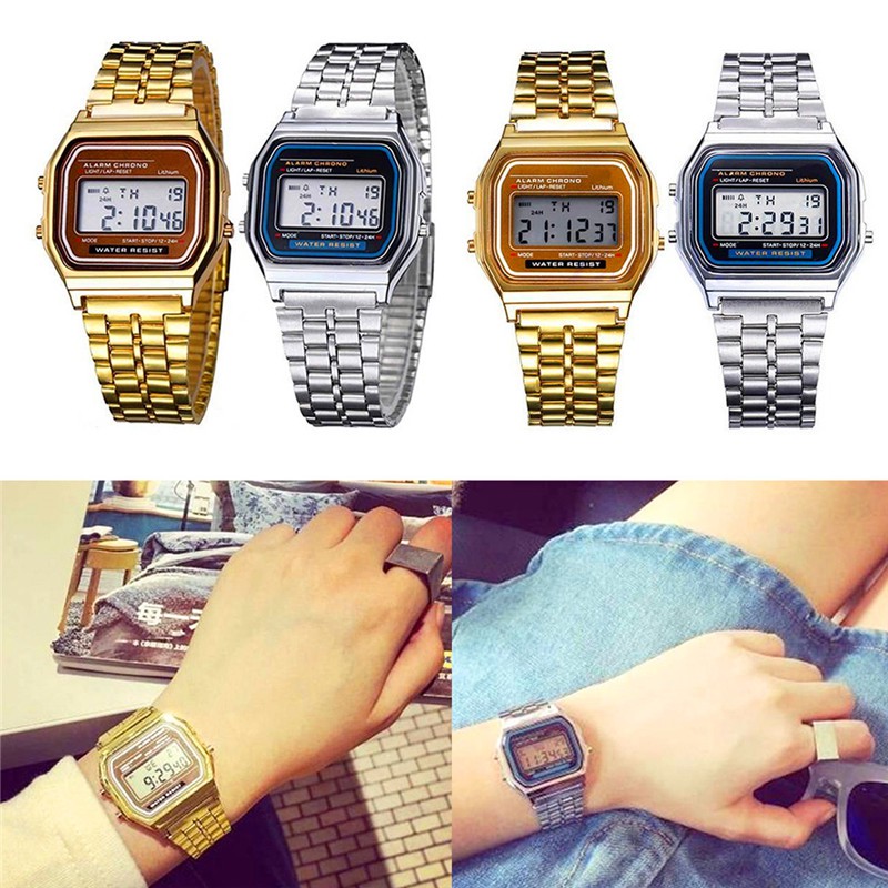 Ss Elegant Mens Womens Retro สแตนเลส LCD นาฬิกาจับเวลากีฬาดิจิตอล - รูปที่ 2