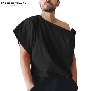 Incerun เสื้อยืดแฟชั่นผู้ชายทรงหลวมสีพื้นสไตล์แฟชั่น