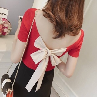 เสื้อไหมพรมผ้าร่อง แอบเก๋ตรงแต่งโบว์ทอง ใส่ได้ทั้ง2ด้าน หน้า-หลัง
