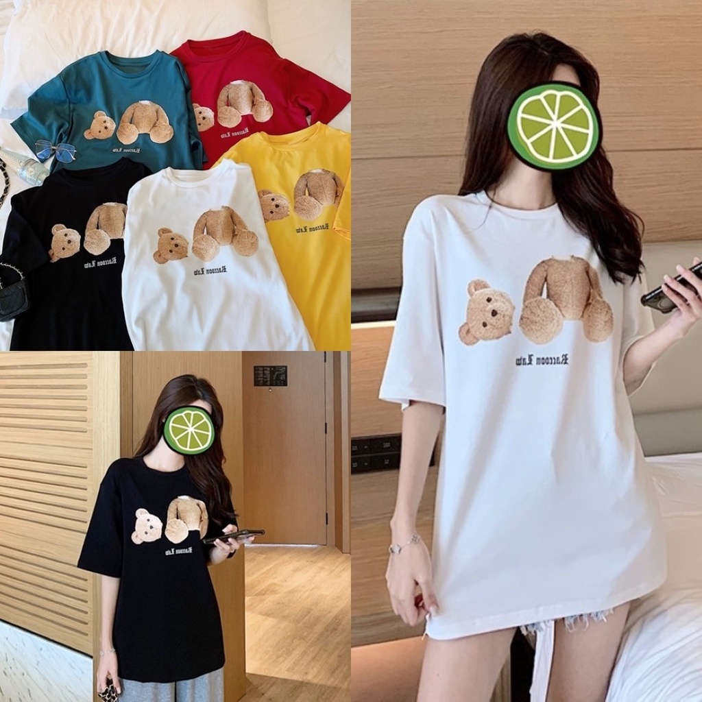 ราคาถูกที่สุดเสื้อยืดคอกลมแขนสั้นทรงใหญ่ สกรีนลายตุ๊กตาหมีหัวหลุด 5 สี