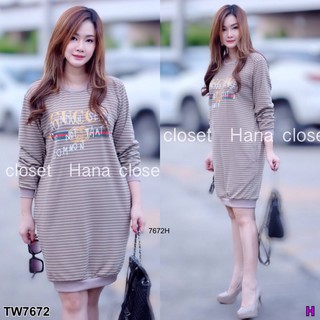 SS7672 Dress  เดรสสั้น (Mini Dress #สาวอวบ ) เดรสแขนยาว คอกลม