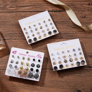 ต่างหูแฟชั่นสตรีต่างหูมุกดอกไม้โบว์ Stud Earrings 12 คู่