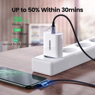 Ugreen สายเคเบิลไนล่อนถัก มุมขวา 90 องศา 3A MFI USB-C เป็น Lightning สําหรับ iPhone 13 12 11 8 Pro Max iPhone 14 14 Max 14 Pro Pro Max