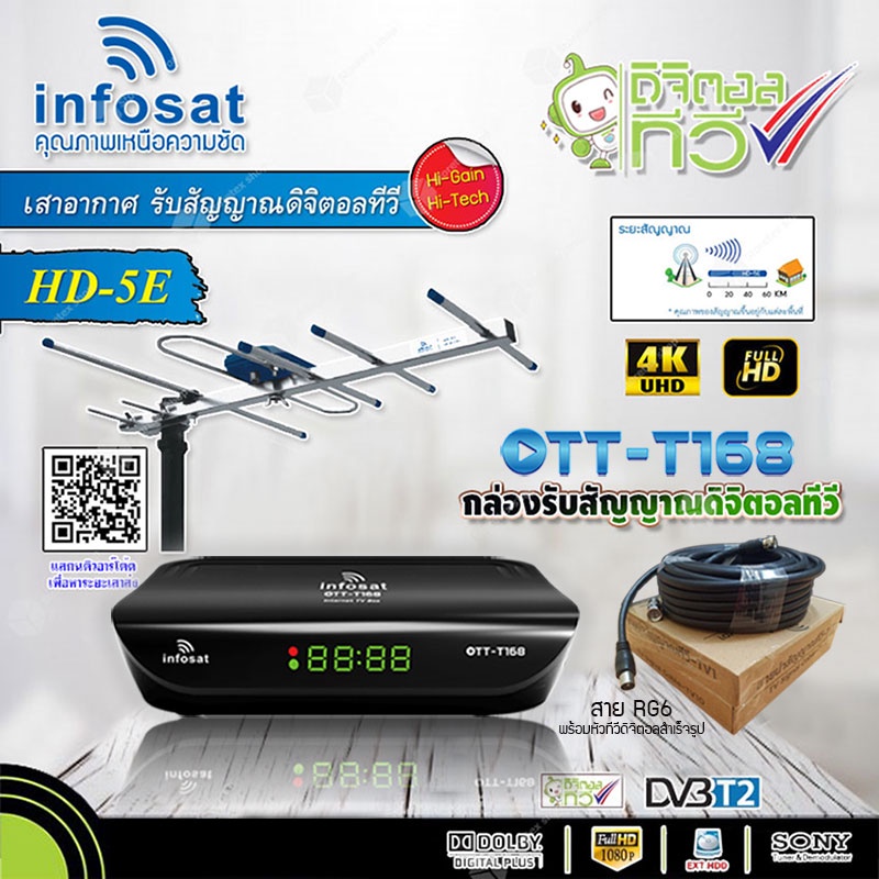 กล่องดิจิตอลทีวี Infosat รุ่น OTT-T168 + INFOSAT รุ่น 5E เสาอากาศทีวีดิจิตอล +สาย RG6 เข้าหัวสำเ
